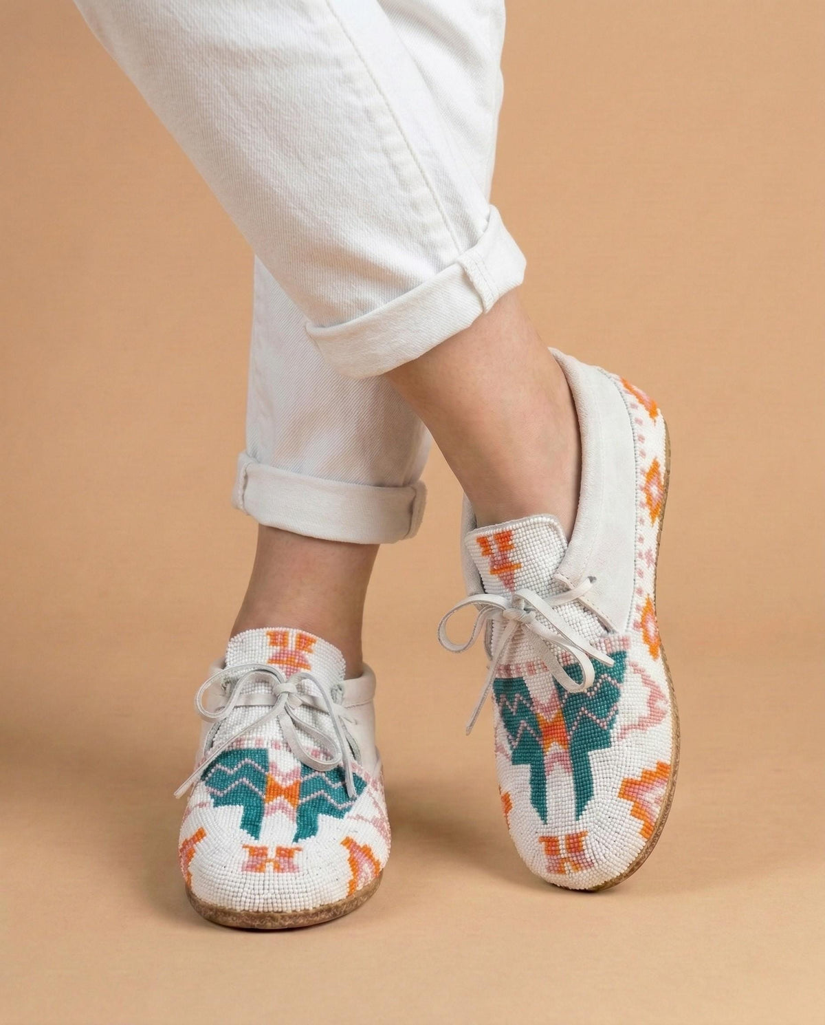 Yellow and Blue Beaded Lace-Up Moccasins for Women