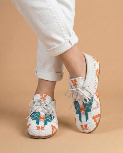 Yellow and Blue Beaded Lace-Up Moccasins for Women