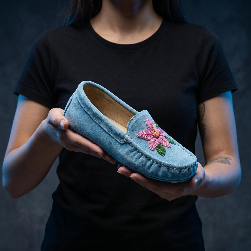 Blue Flower Beaded Moccasins. Handmade Unique Soft Sole Slip on Shoes For Women
