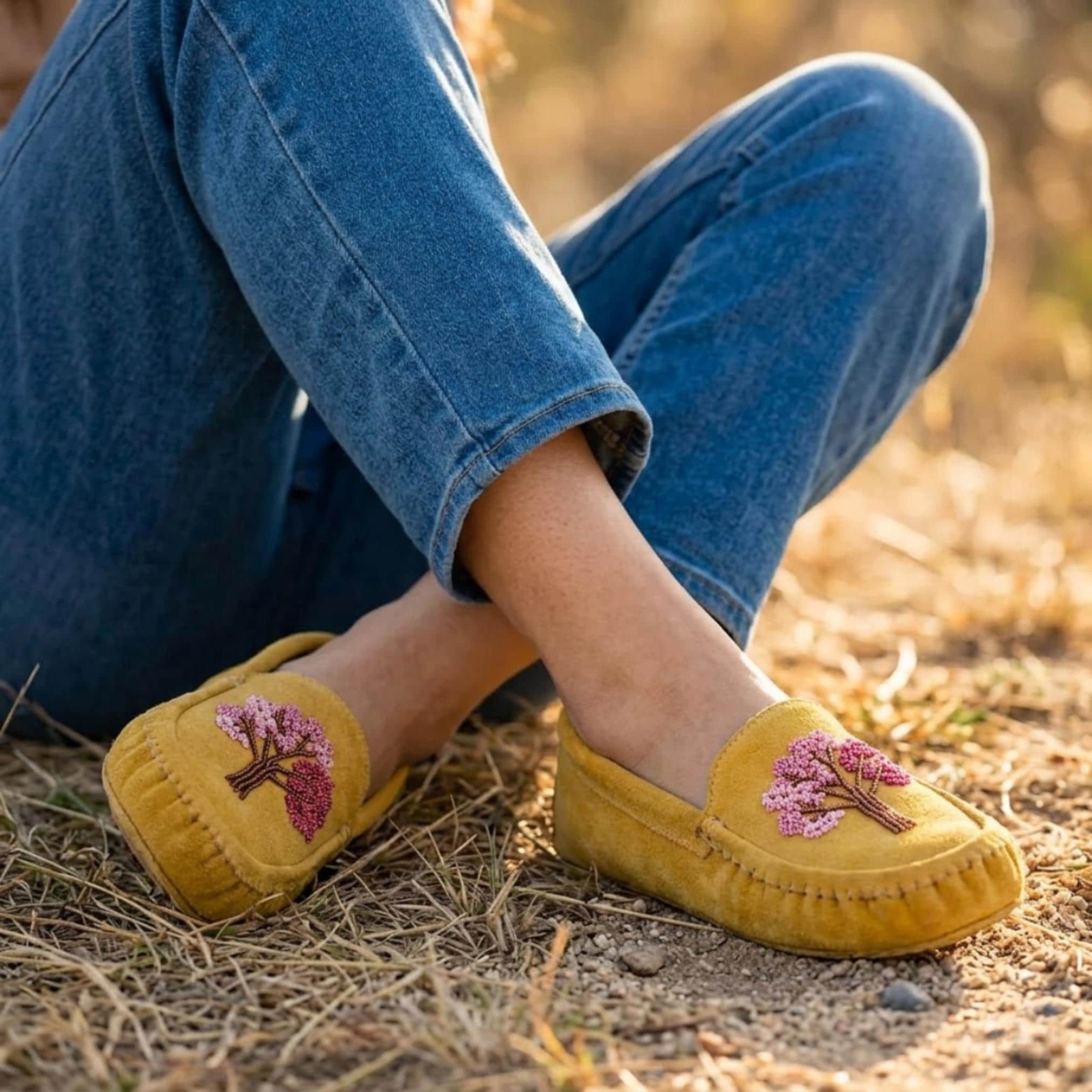 Weskara Yellow Tree Beaded Moccasins Handmade Unique Soft Sole Slip on Shoes For Women