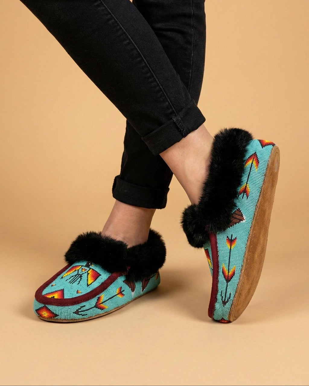 Handmade Turquoise Beaded Moccasins, Thunderbird, Fur-Lined Slippers