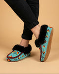 Handmade Turquoise Beaded Moccasins, Thunderbird, Fur-Lined Slippers