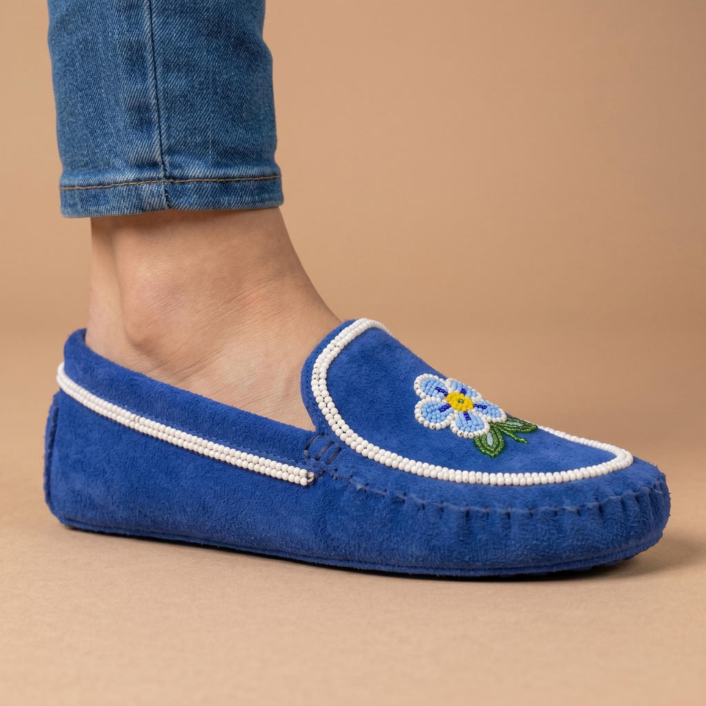 Hand-Stitched Blue Suede Moccasins – Handmade Floral Beaded Leather Loafers For Women