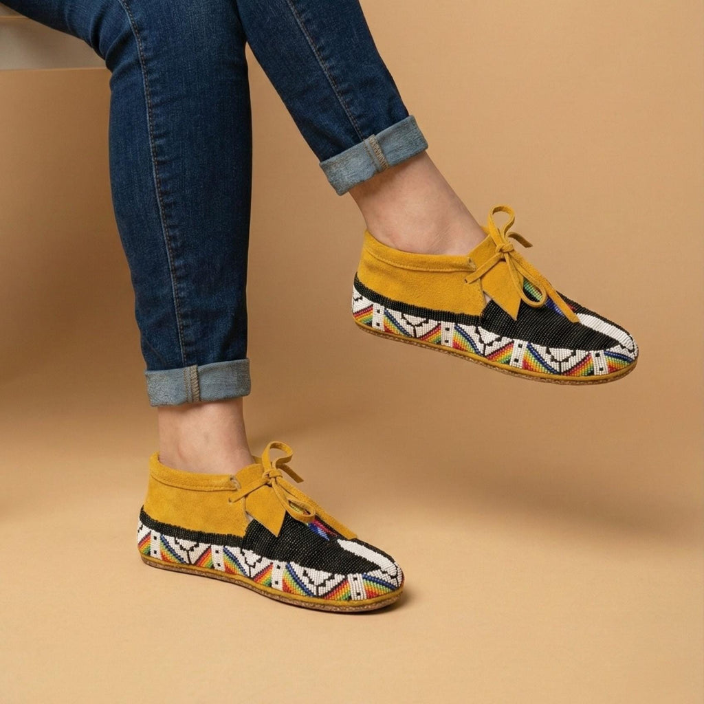Handmade Beaded Suede Moccasins, Lace-Up Boho Western Footwear for Women