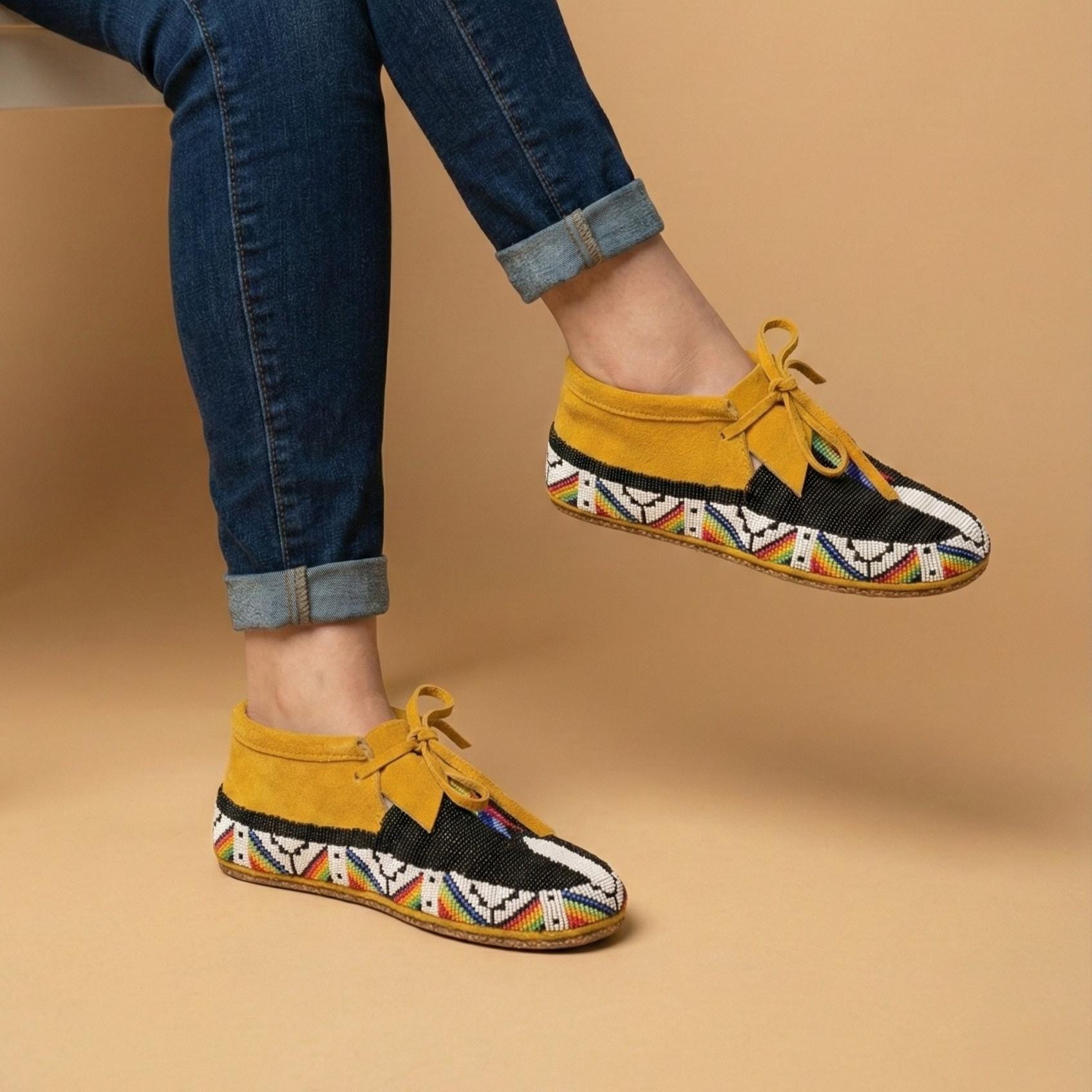 Handmade Beaded Suede Moccasins, Lace-Up Boho Western Footwear for Women