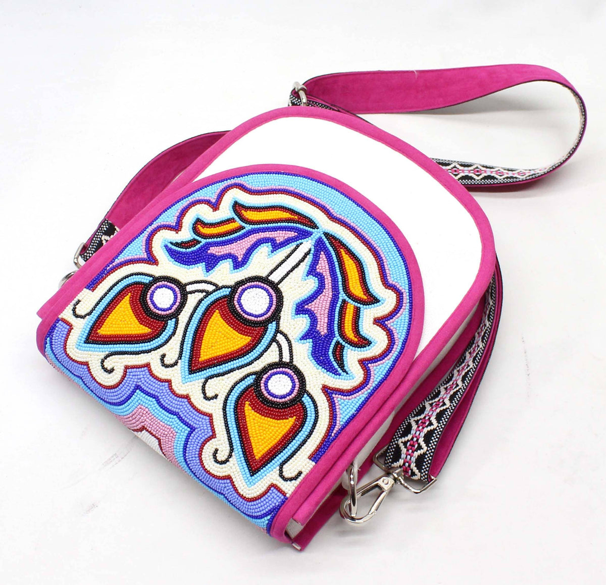 Ornate Tulip Hand Beaded Canvas Crossbody Bag – White & Pink