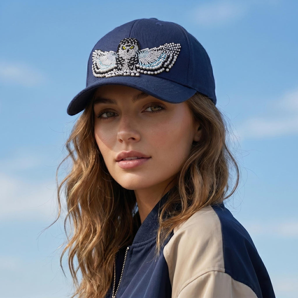 Snowy Owl Spirit Beaded Baseball Cap - Handmade Native American Style Adjustable Unisex Cotton Hat For Men & Women