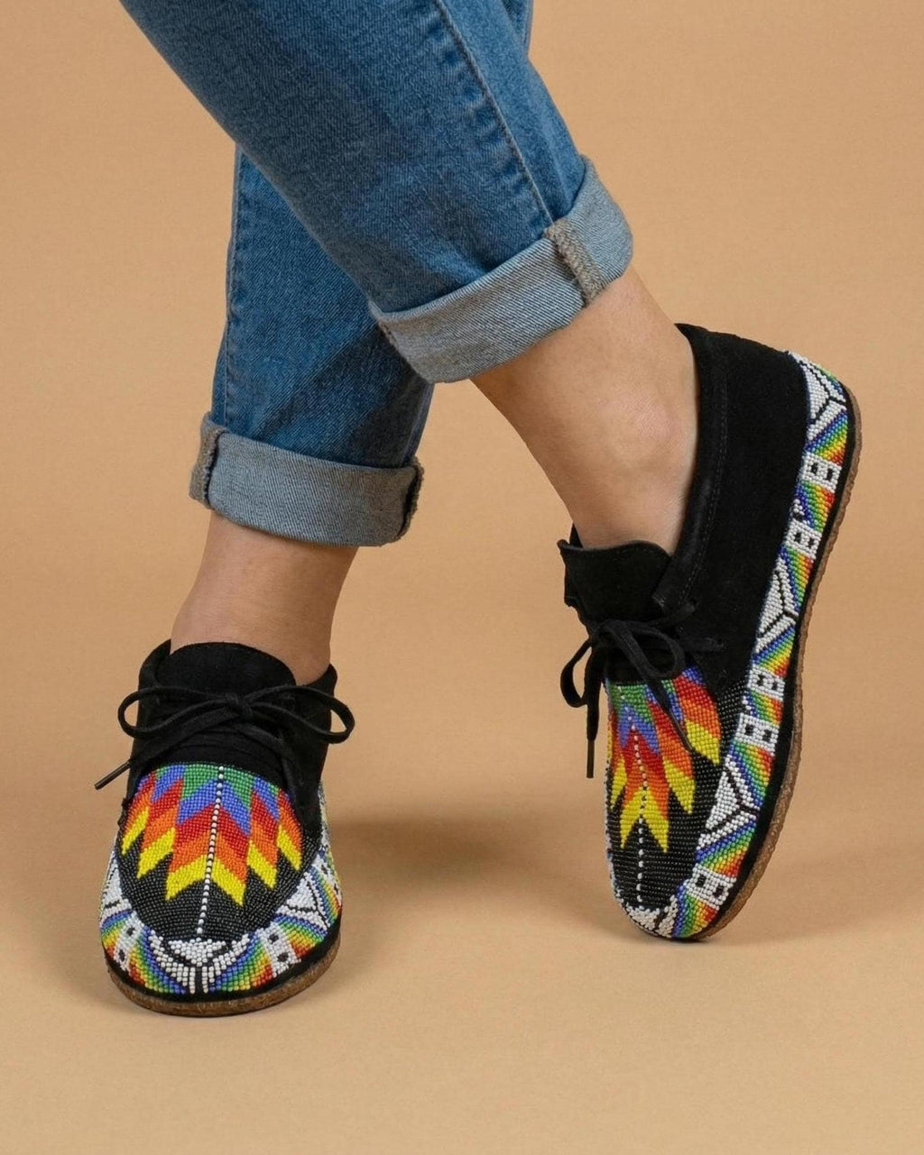 Rainbow Beaded Outdoors and Dancing Black Suede Moccasins. Artisan inspired Leather Lace-up Shoes For Women. Gift For Her.