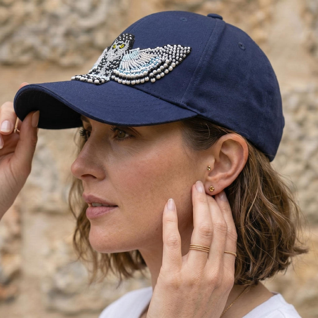 Snowy Owl Spirit Beaded Baseball Cap - Handmade Native American Style Adjustable Unisex Cotton Hat For Men & Women