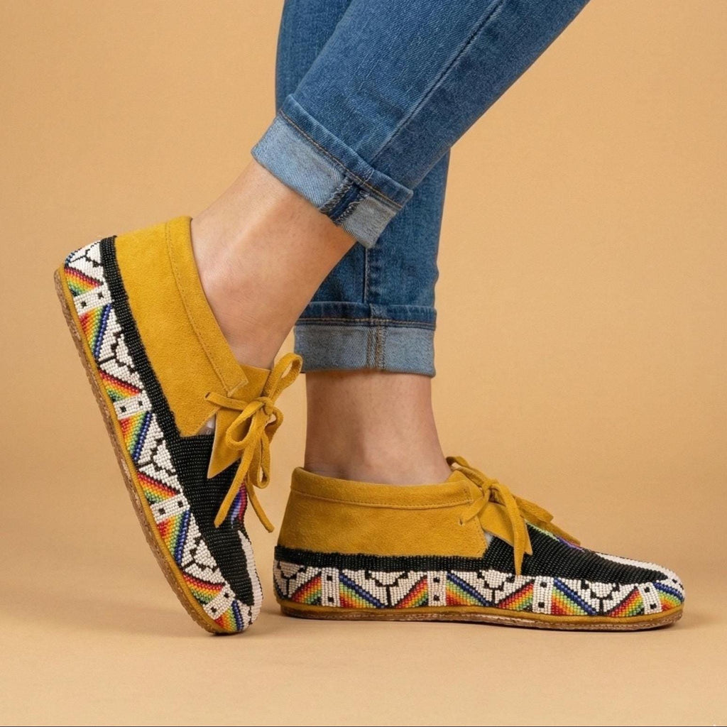 Men's Beaded Suede Moccasins: Handmade Leather Lace-Up Western Boho Footwear