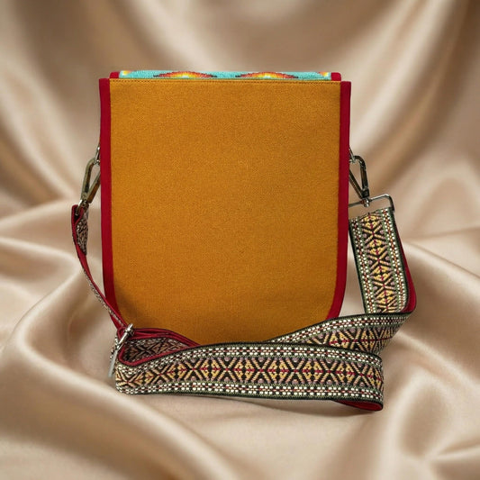 Red Rose Beaded Turquoise Canvas Crossbody Bag