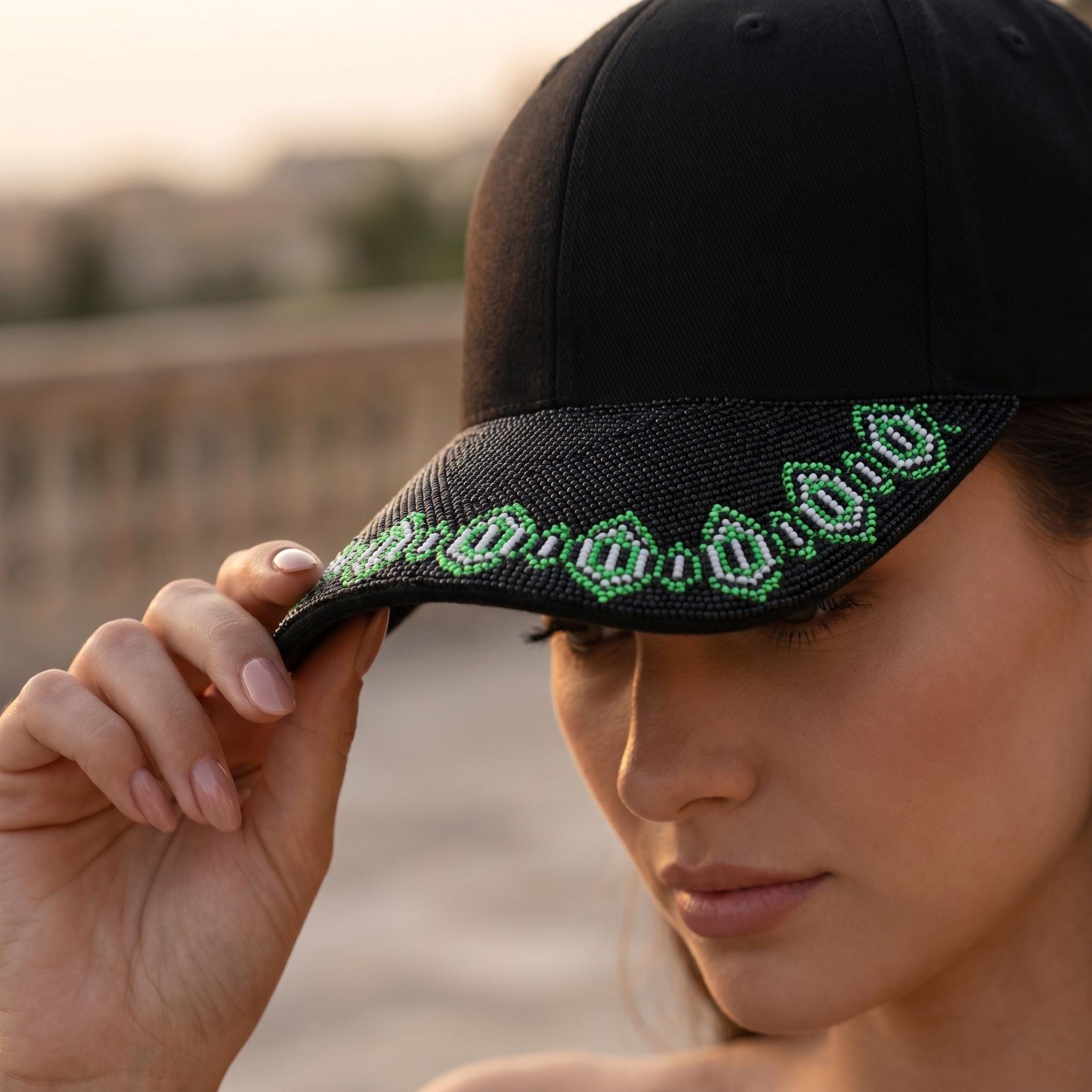 Emerald Chain Brim - Beaded Baseball Cap, Handmade Native American Style, Adjustable Unisex Cotton Hat For Men & Women