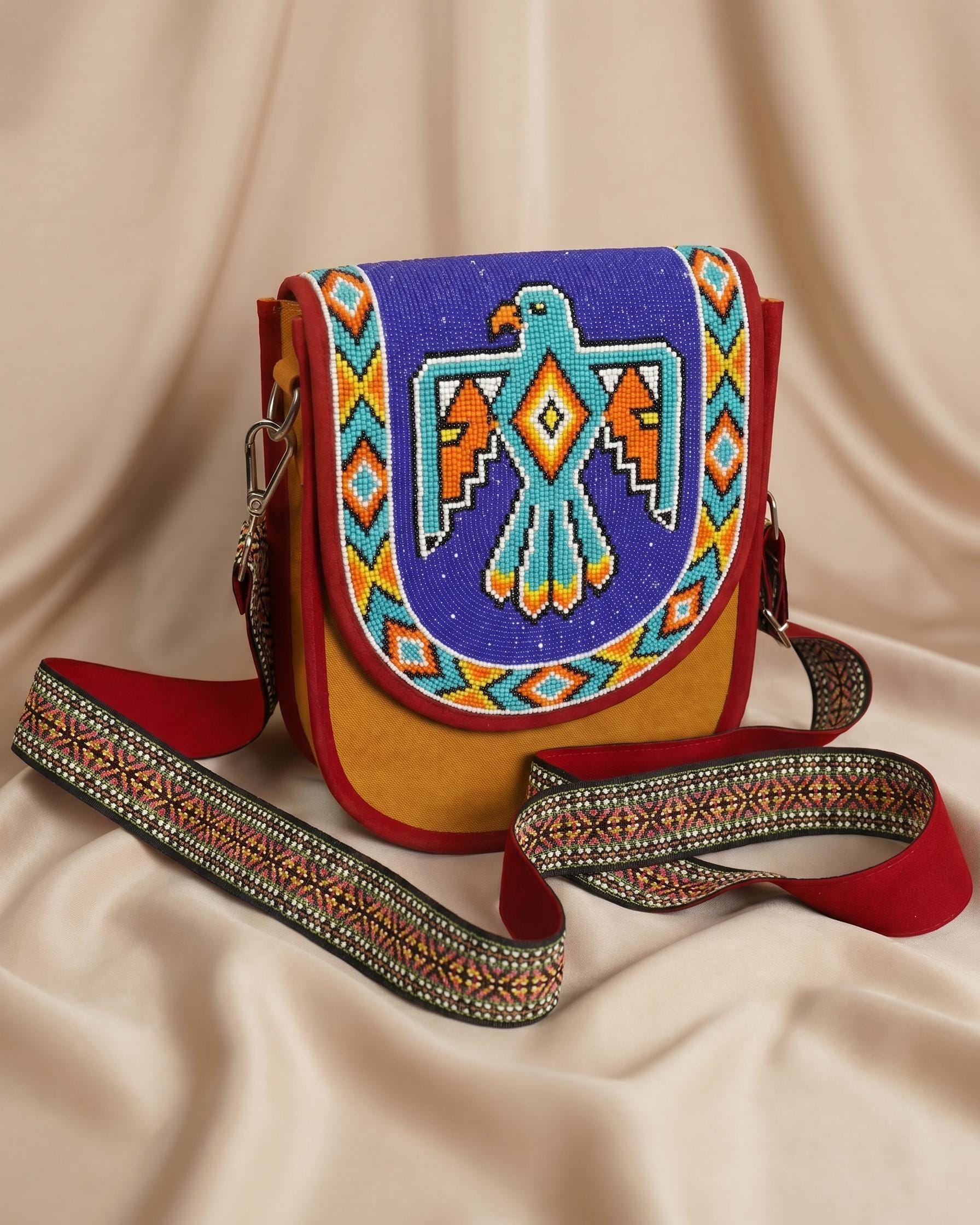 Beaded Crossbody Bag, Boho Handmade Unisex Canvas Sling Purse with Adjustable Strap