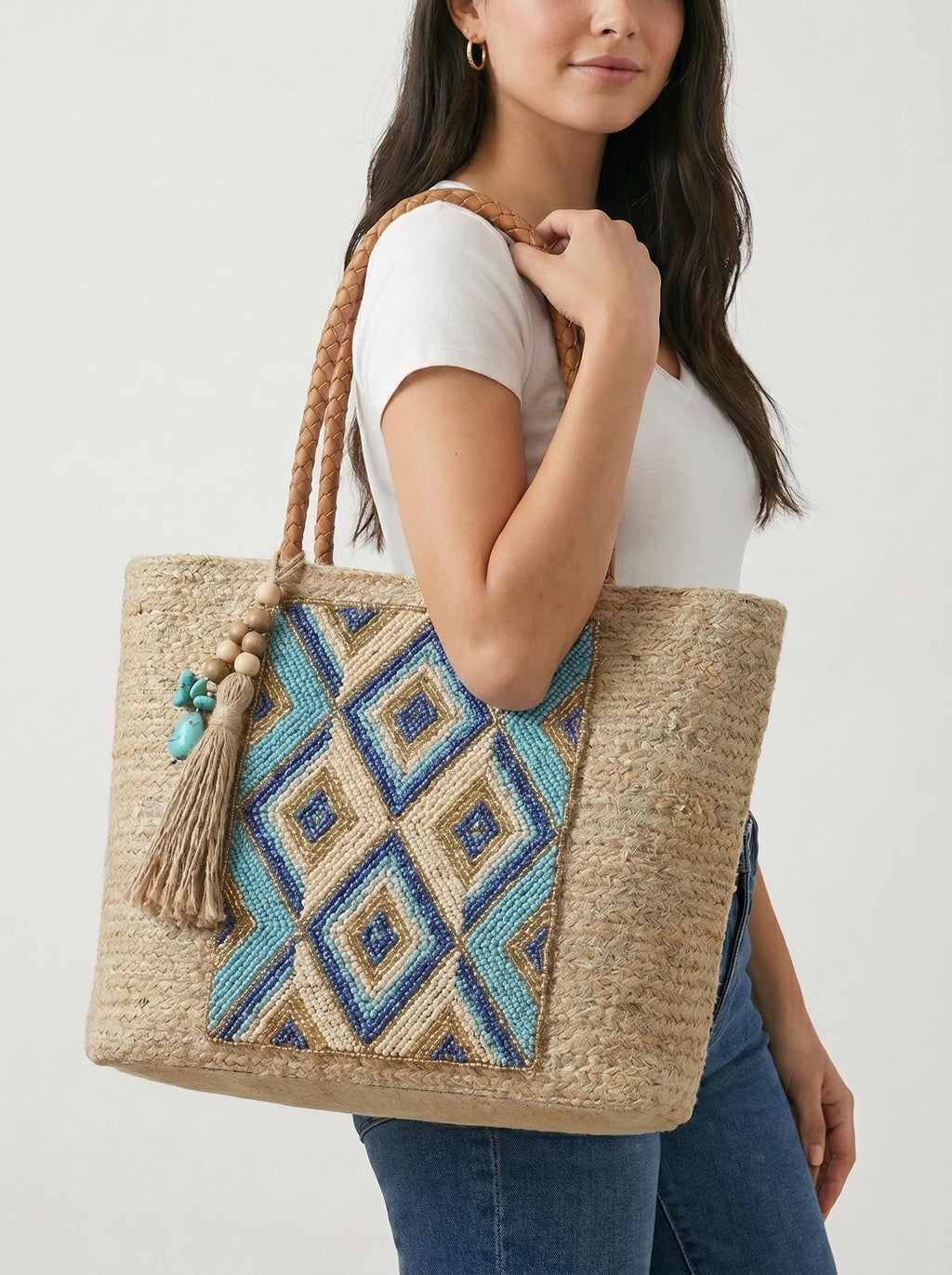 Handmade Floral Jute Tote Bag. Beaded Large Artisan Stylish Fashion Handbag For Women