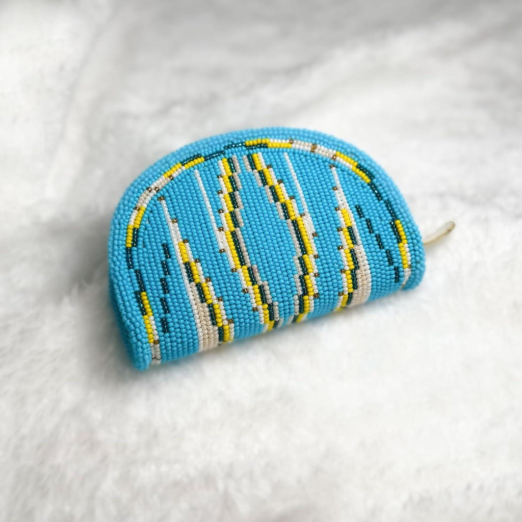 Handmade Coin Purse. Blue Geometrical Beaded Hand Pouch For Essentials.