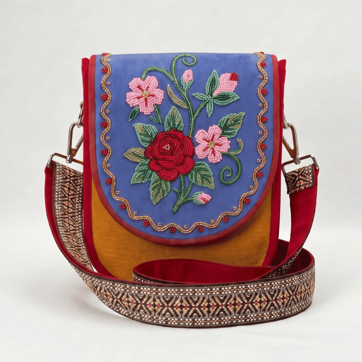 Red Rose Floral Hand Beaded Canvas Crossbody Bag – Blue Beadwork
