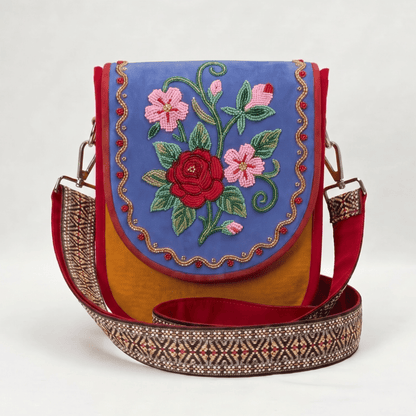 Red Rose Floral Hand Beaded Canvas Crossbody Bag – Blue Beadwork
