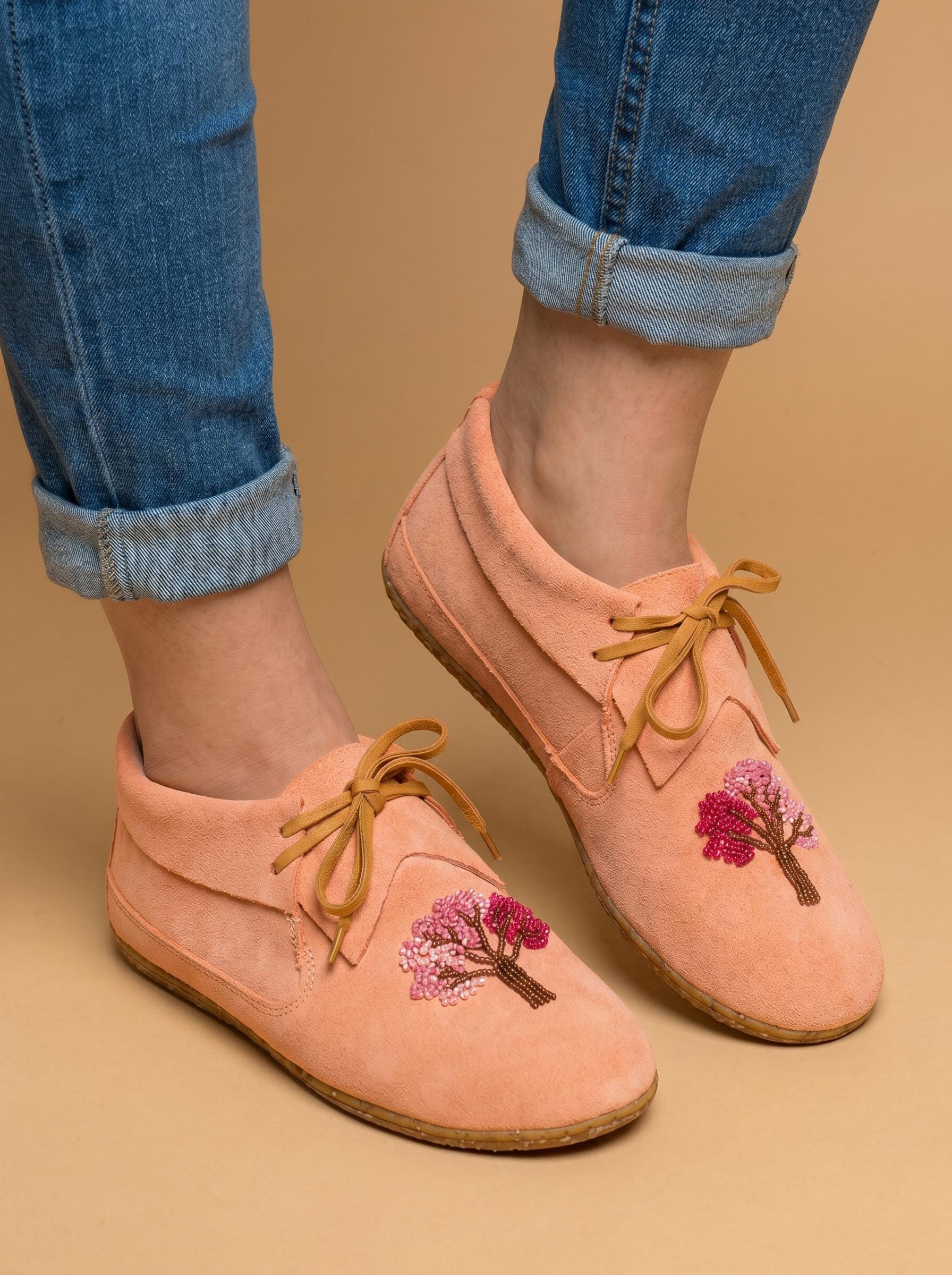 Peach Tree Handmade Moccasins. Unique Lace-up Suede Shoes For Women. Suitable For Outdoor Wear. Gift For Her