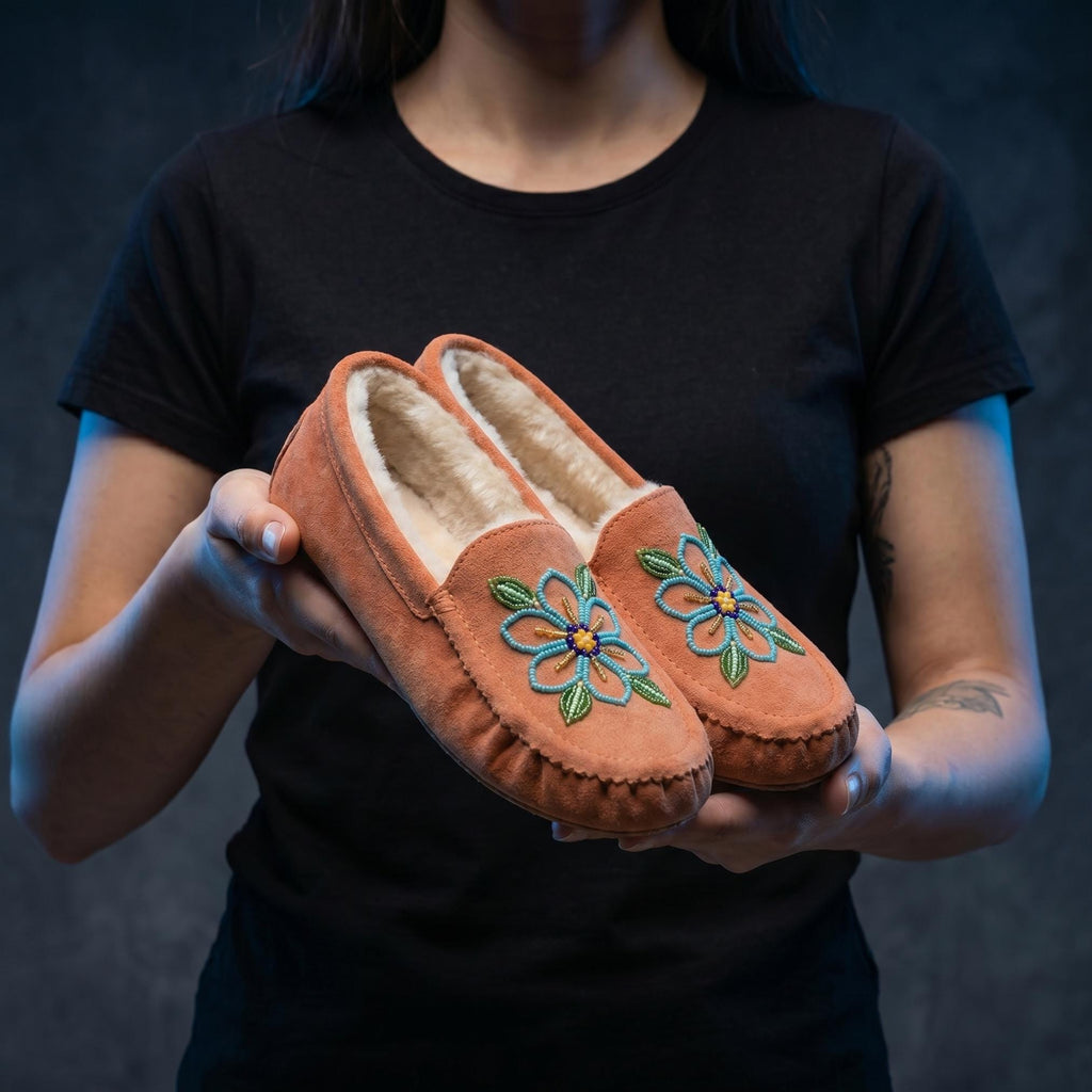 Weskara Peach Beaded Moccasins Handmade Unique Soft Sole Slip on Shoes For Women