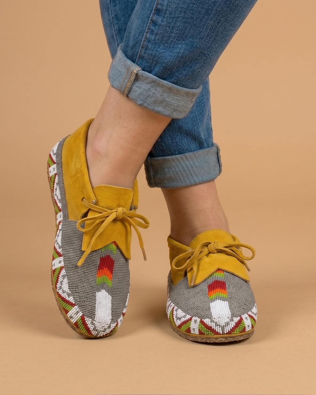 Handmade Beaded Suede Moccasins, Lace-Up Boho Western Footwear for Women