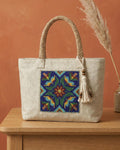 Handmade Floral Canvas Tote Bag. Beaded Large Artisan Handbag For Women