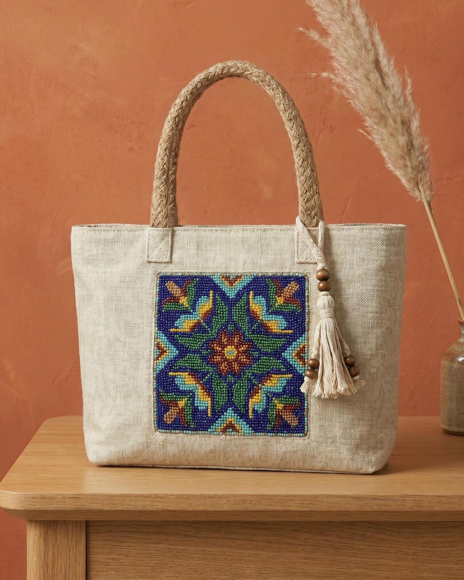 Handmade Floral Canvas Tote Bag. Beaded Large Artisan Handbag For Women