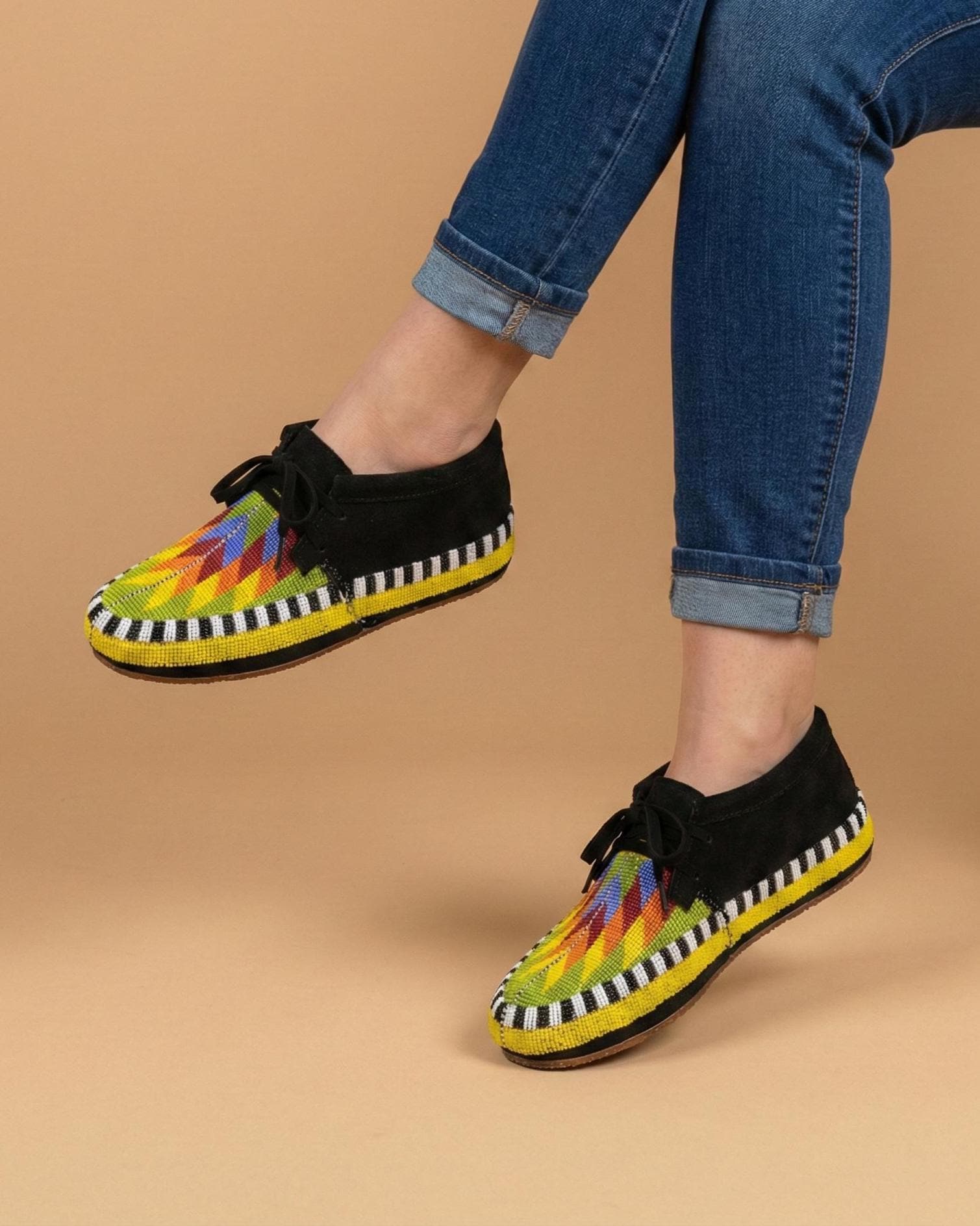 Handmade Beaded Suede Moccasins, Rainbow Lace Up Boho Shoes