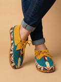 Handmade Beaded Leather Lace Up Moccasins, Native Style Beadwork Pattern, Tan Suede Shoes Suitable For Outdoor Wear And Dancing.