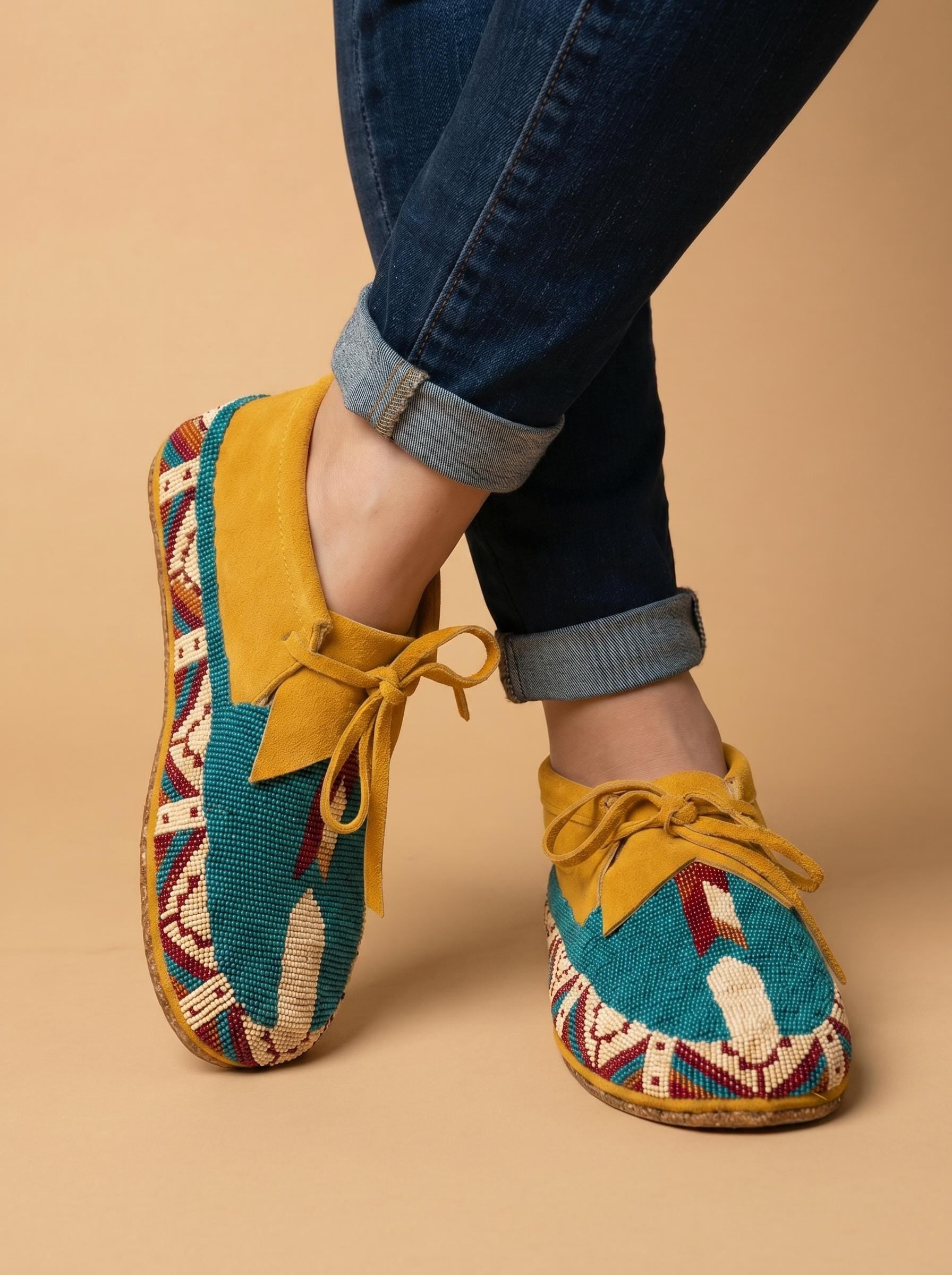 Handmade Beaded Leather Lace Up Moccasins, Native Style Beadwork Pattern, Tan Suede Shoes Suitable For Outdoor Wear And Dancing.