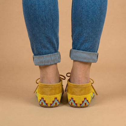 Yellow and Blue Beaded Lace-Up Moccasins for Women