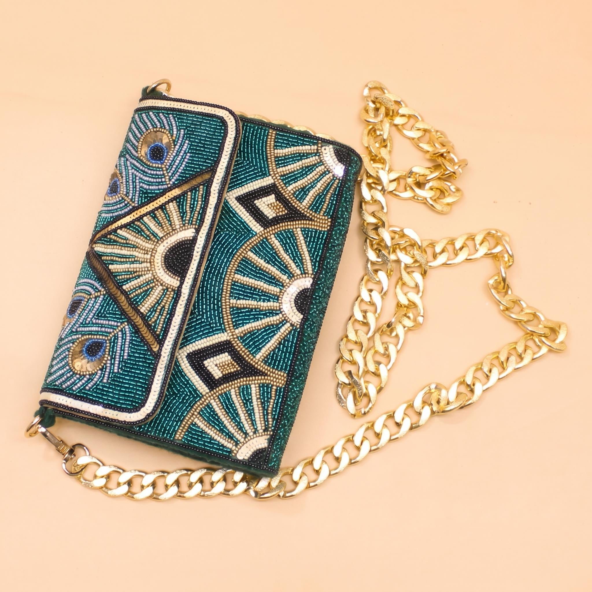 Handmade Sling Purse. Peacock Themed Green Beaded Shoulder Bag with Chain Strap For Women. Gift For Her