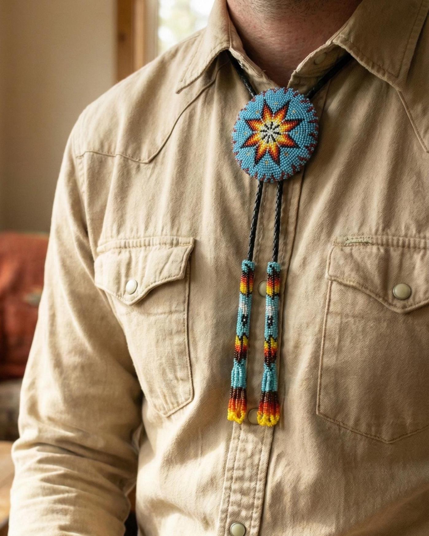 Handmade Beaded Bolo Tie. Stylish Seed Beads Accessory For Men