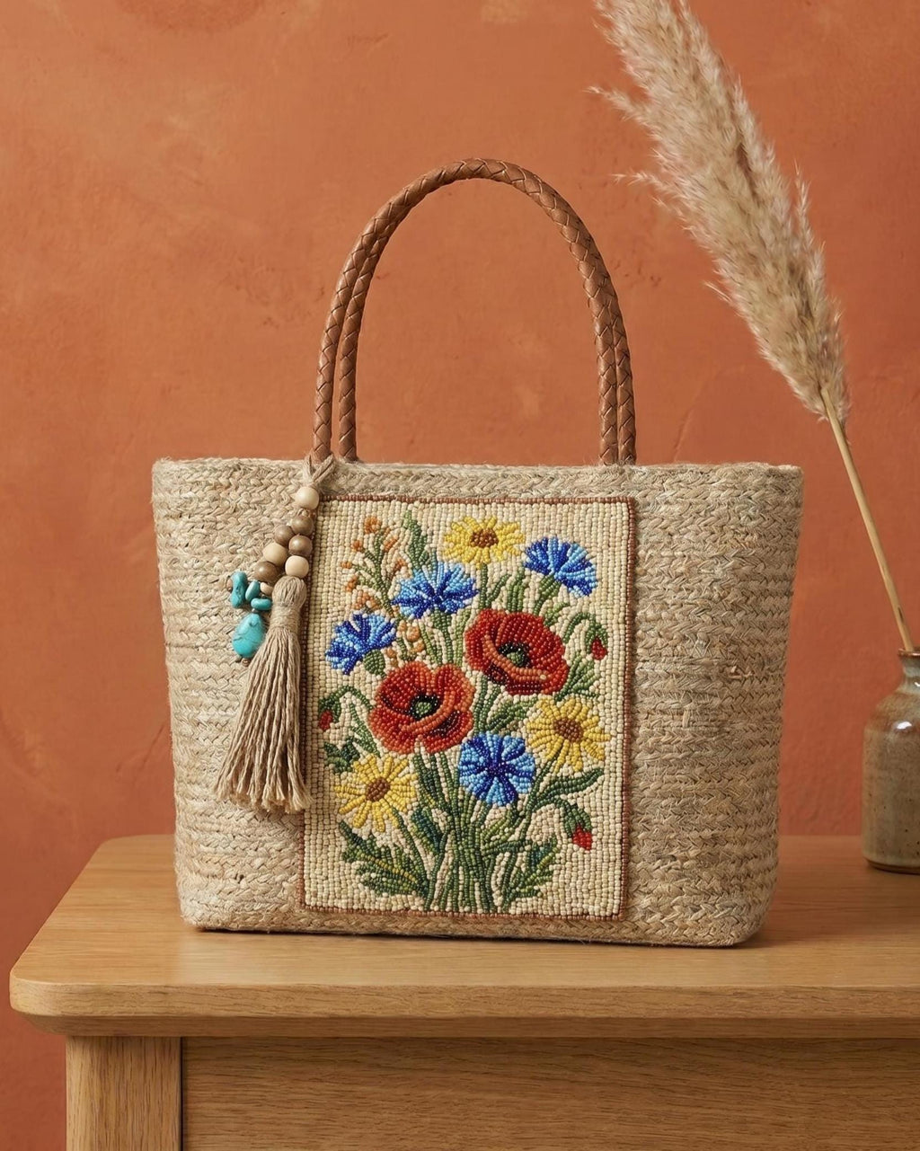 Handmade Floral Jute Tote Bag. Beaded Large Artisan Stylish Fashion Handbag For Women