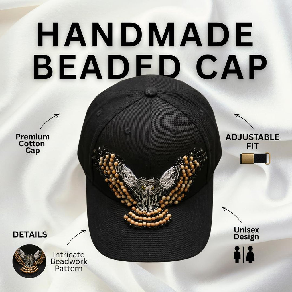 Snowy Owl Spirit Beaded Baseball Cap - Handmade Native American Style Adjustable Unisex Cotton Hat For Men & Women