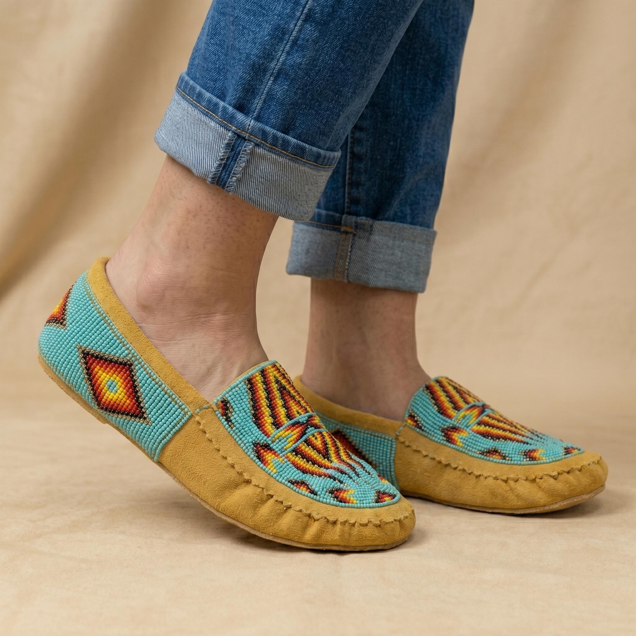 Handmade Beaded Leather Moccasins with Soft Sole. Stylish Slip On Shoes For Women.