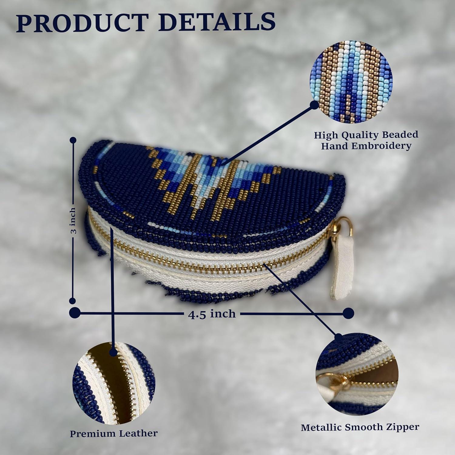 Handmade Coin Purse. Dark Blue Beaded Hand Pouch For Essentials.