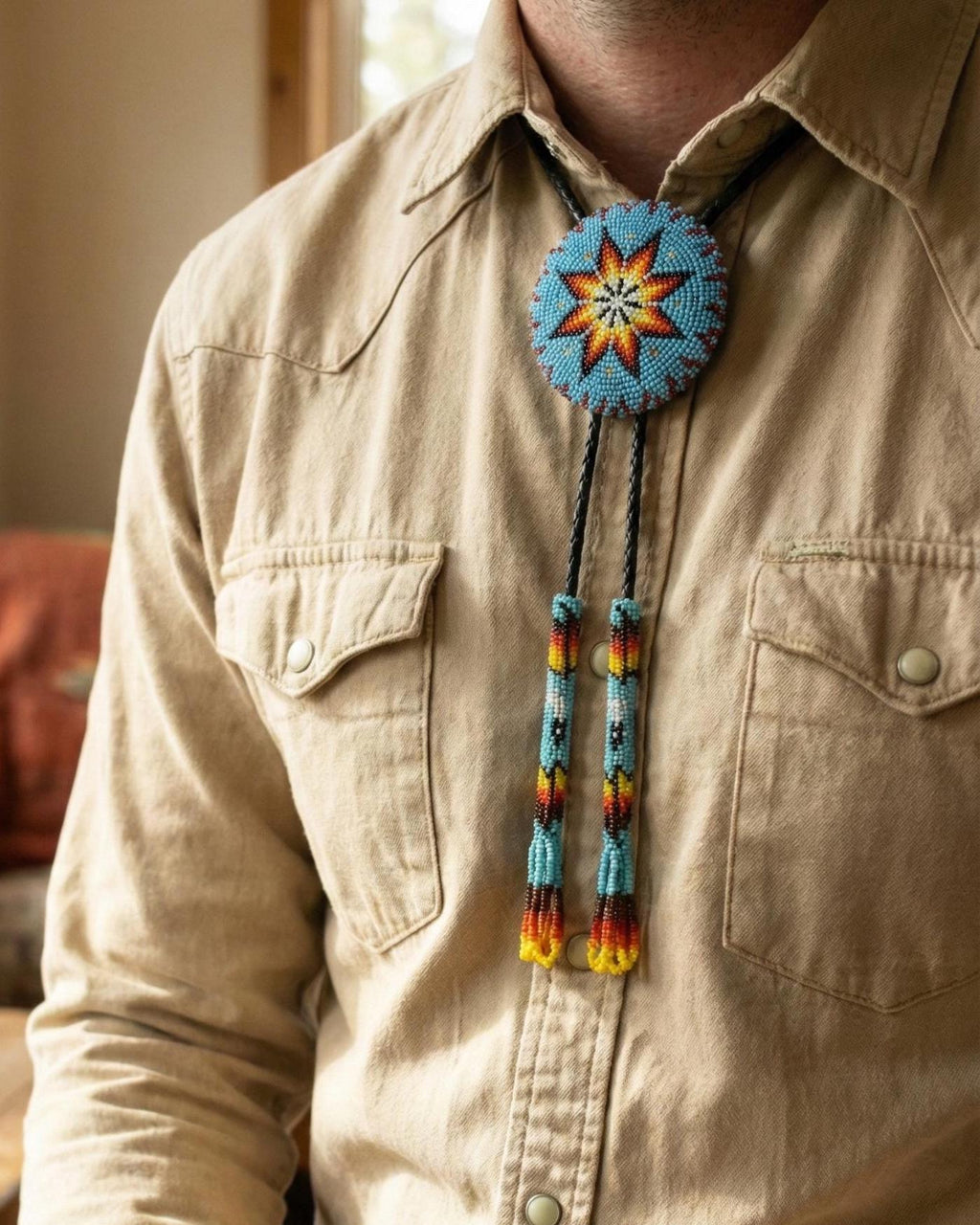 Handmade Beaded Bolo Tie. Stylish Seed Beads Accessory For Men