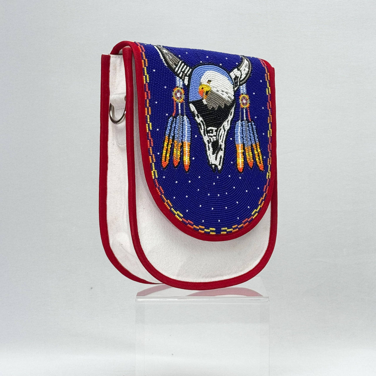 Eagle Skull Motif Hand Beaded Canvas Crossbody Bag – Cream