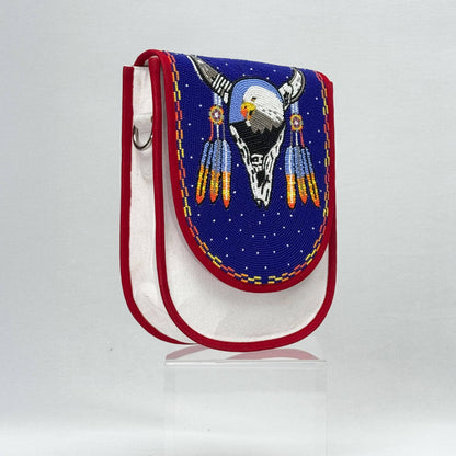 Eagle Skull Motif Hand Beaded Canvas Crossbody Bag – Cream