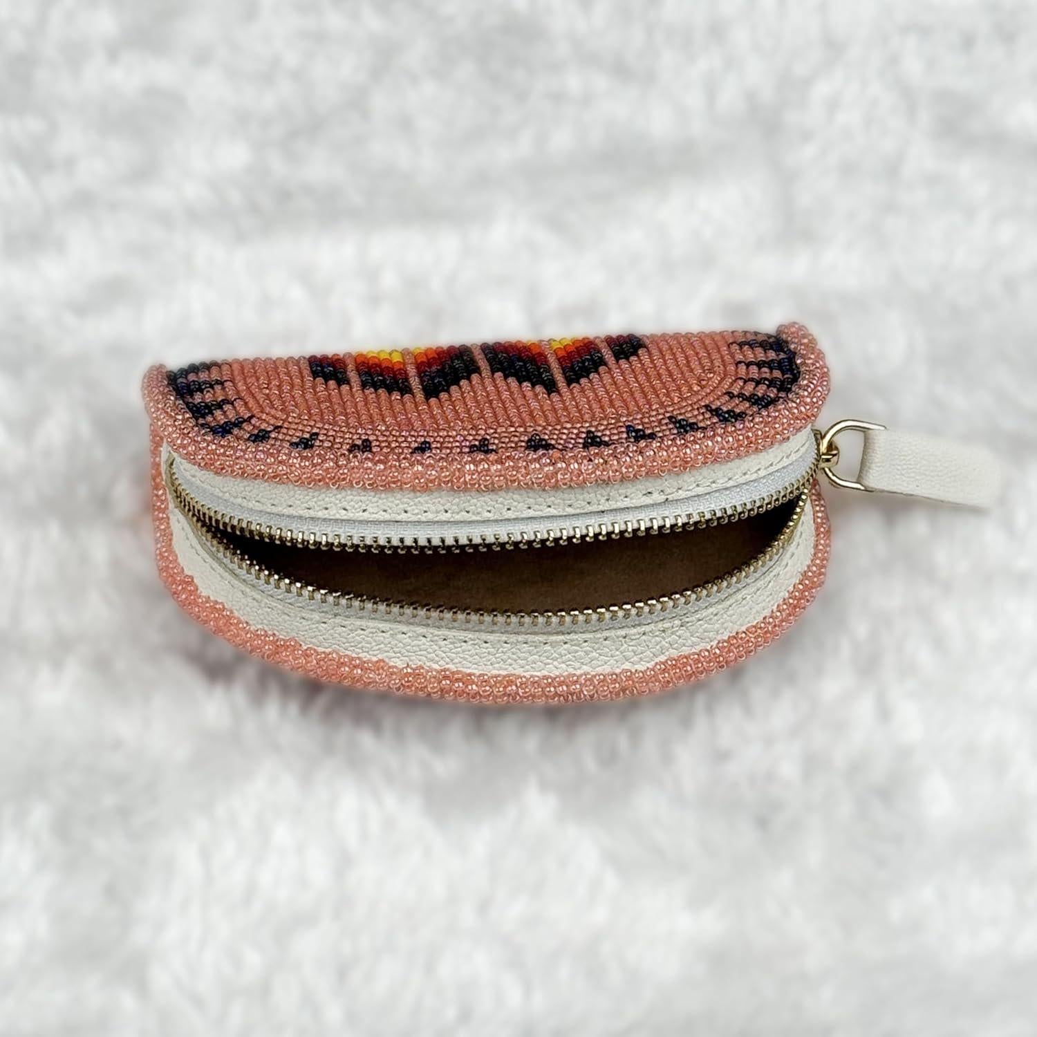 Handmade Coin Purse. Peach Beaded Hand Pouch For Essentials.