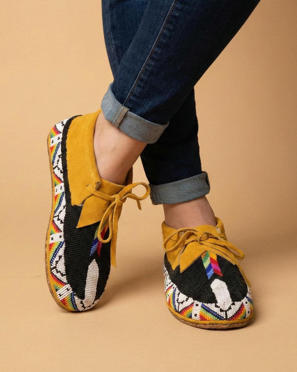 Outdoors and Dancing Beaded Suede Moccasins. Handmade Artisan Inspired Premium Black Lace up Leather Footwear For Women.