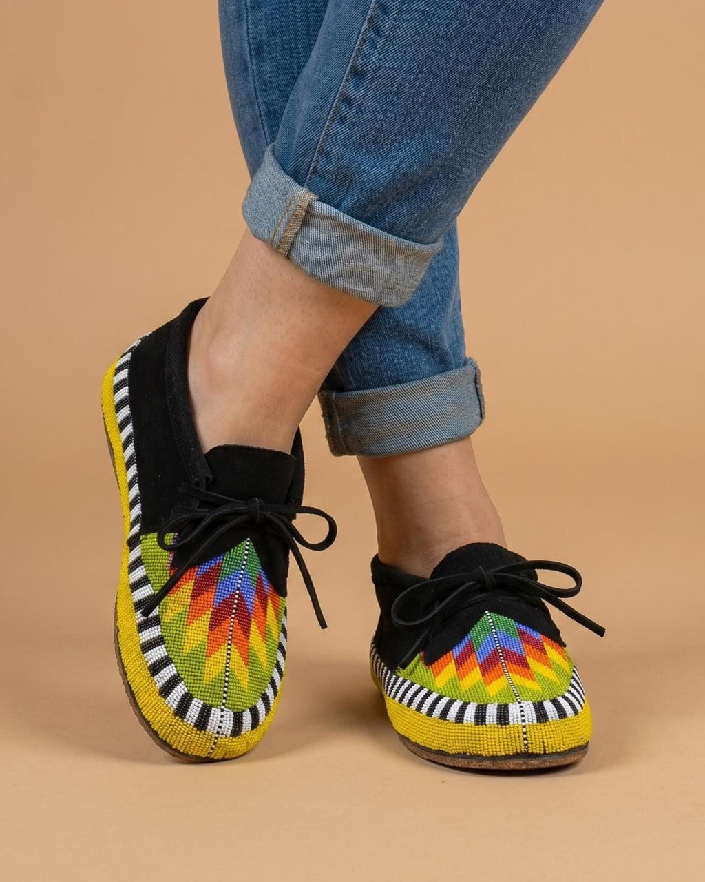 Handmade Beaded Suede Moccasins, Rainbow Lace Up Boho Shoes
