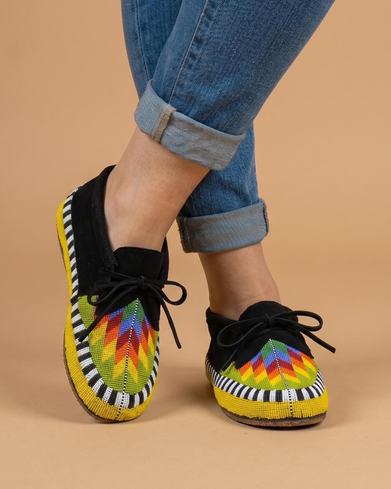 Handmade Beaded Suede Moccasins, Rainbow Lace Up Boho Shoes