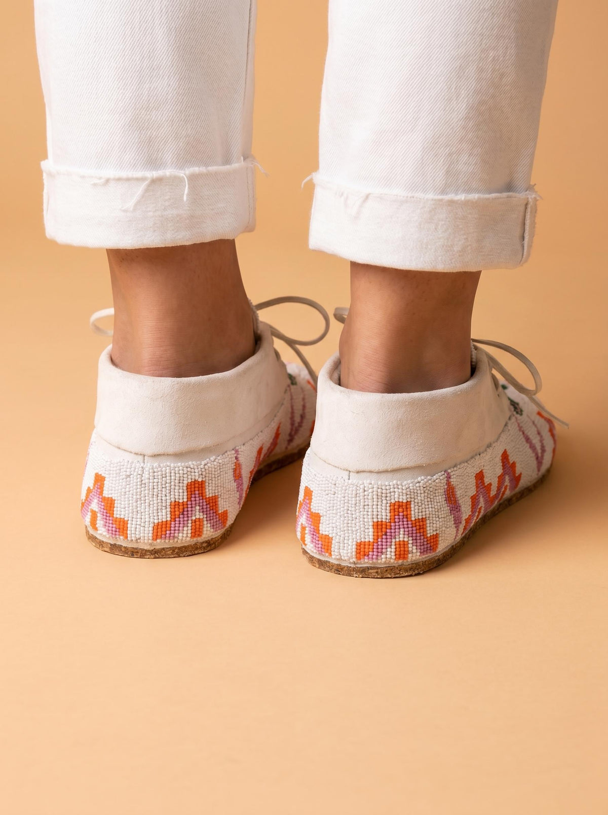 Turquoise and White Geometric Beaded Suede Lace-Up Moccasins for Women