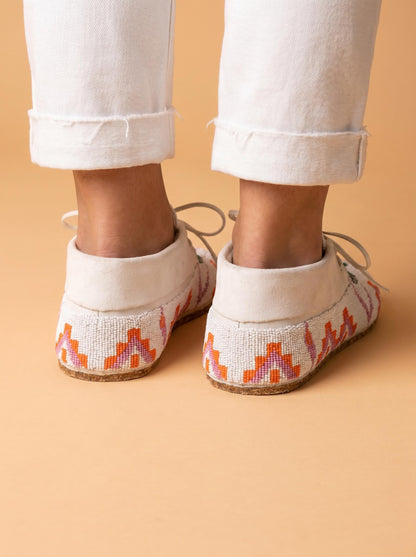 Turquoise and White Geometric Beaded Suede Lace-Up Moccasins for Women