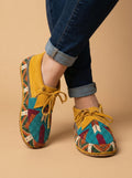 Handmade Beaded Leather Lace Up Moccasins, Native Style Beadwork Pattern, Tan Suede Shoes Suitable For Outdoor Wear And Dancing.