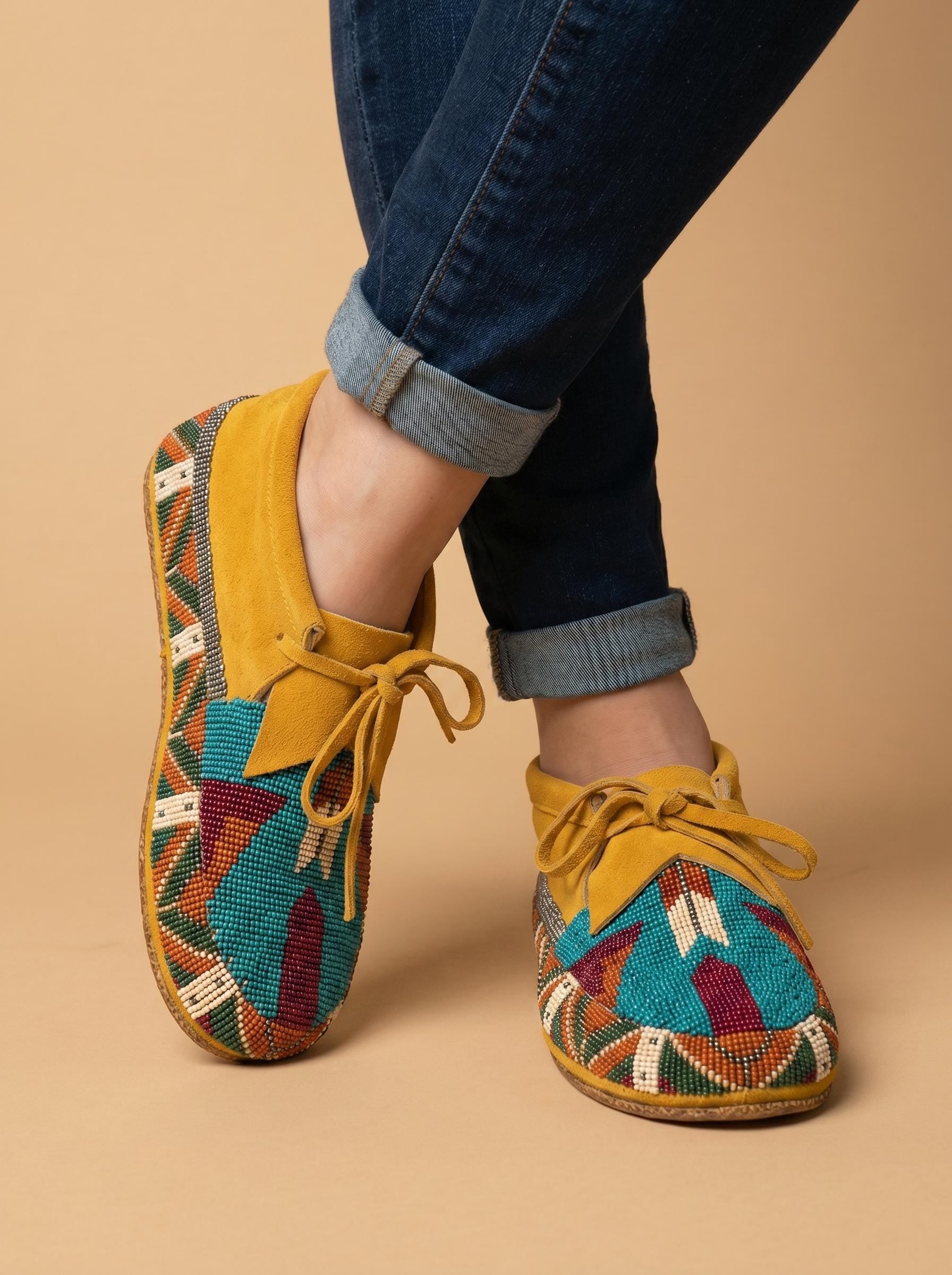 Handmade Beaded Leather Lace Up Moccasins, Native Style Beadwork Pattern, Tan Suede Shoes Suitable For Outdoor Wear And Dancing.