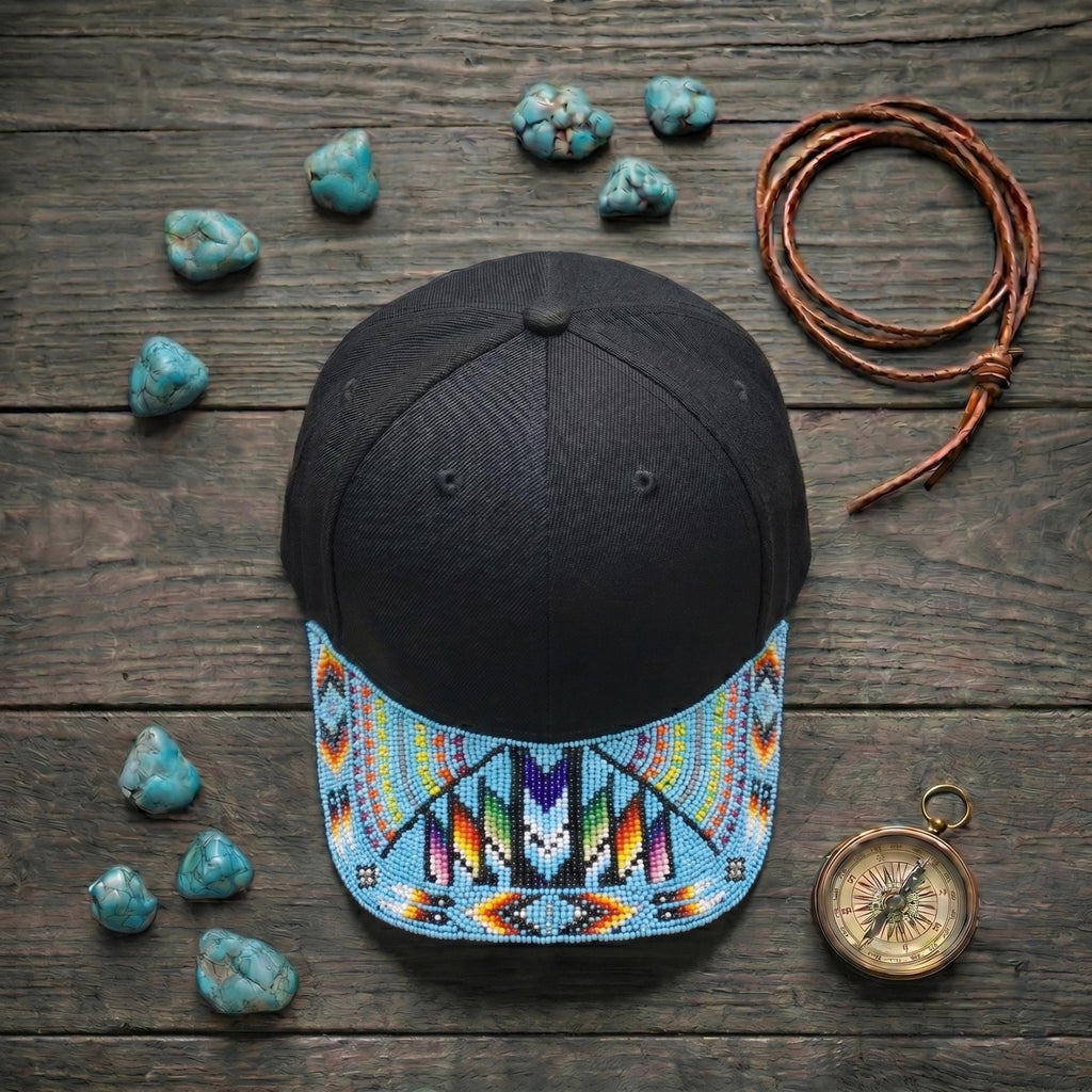 Sky Blue Rainbow Beaded Baseball Cap - Handmade Native American Style - Adjustable Unisex Cotton Hat For Men & Women
