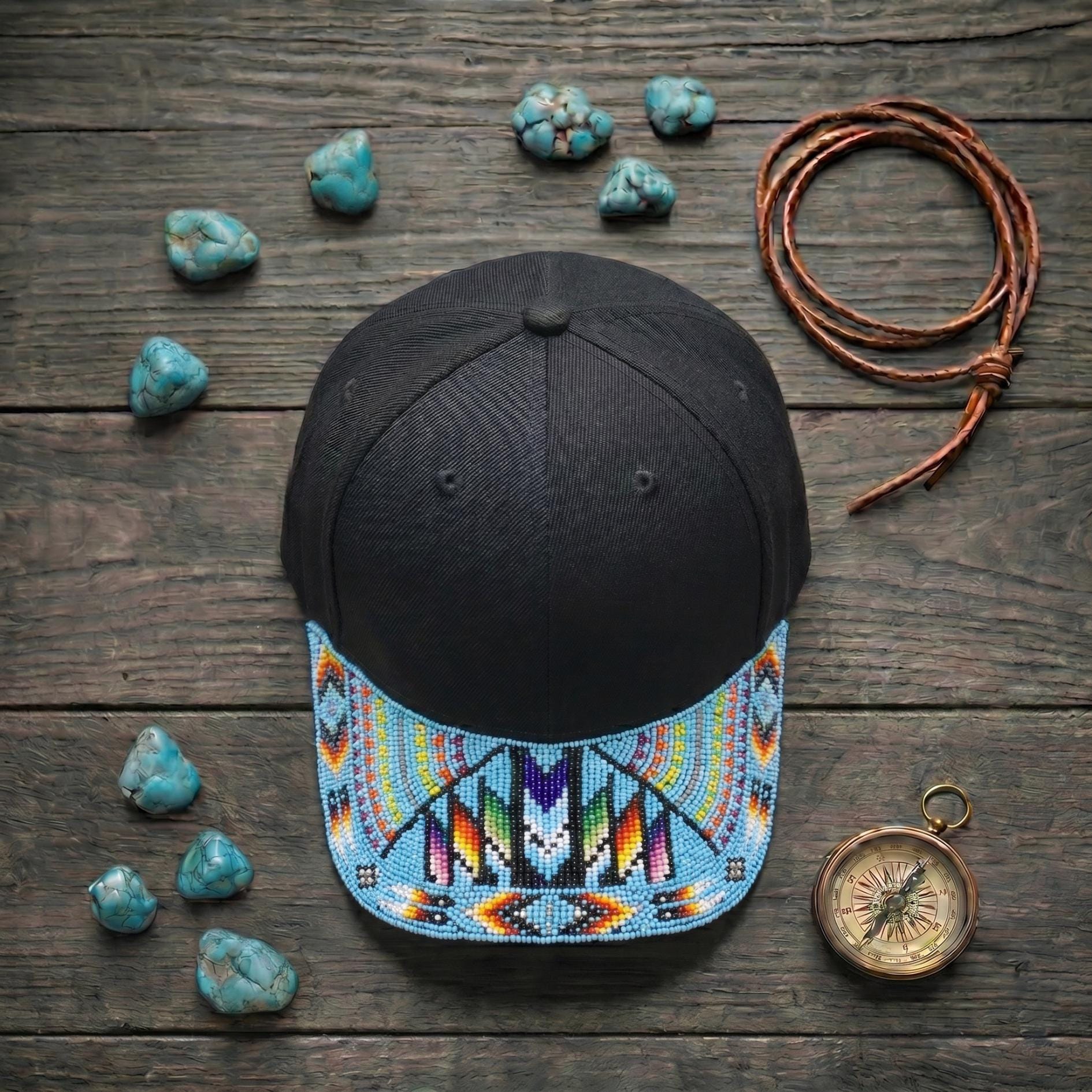 Sky Blue Rainbow Beaded Baseball Cap - Handmade Native American Style - Adjustable Unisex Cotton Hat For Men & Women
