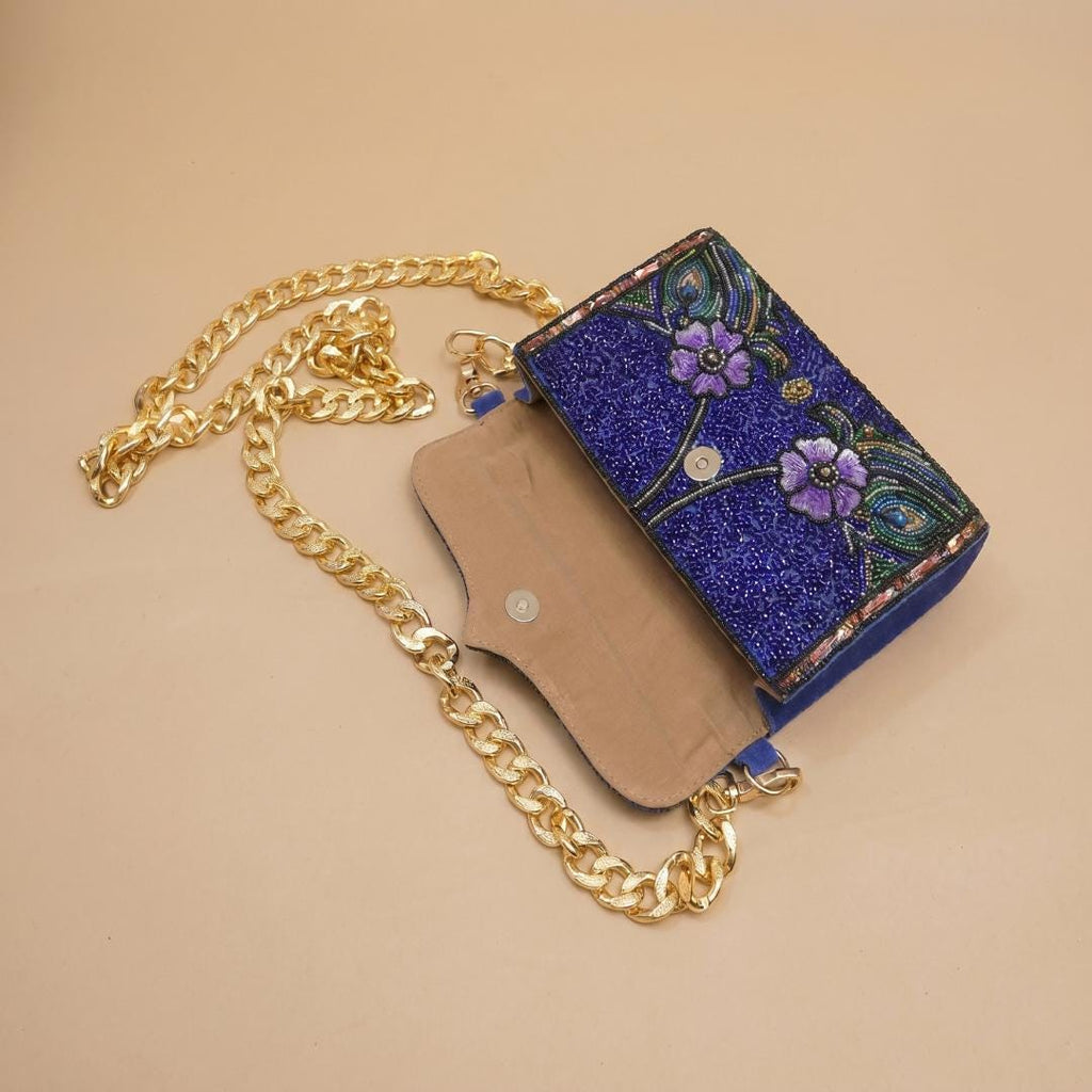 Royal Blue Beaded Evening Bag – Intricate Floral Seed Bead Sling Purse